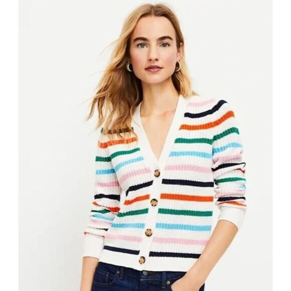 Ann Taylor Loft Rainbow Striped Cardigan Sweater. Staud Style Cotton Blend LARGE - Picture 1 of 9